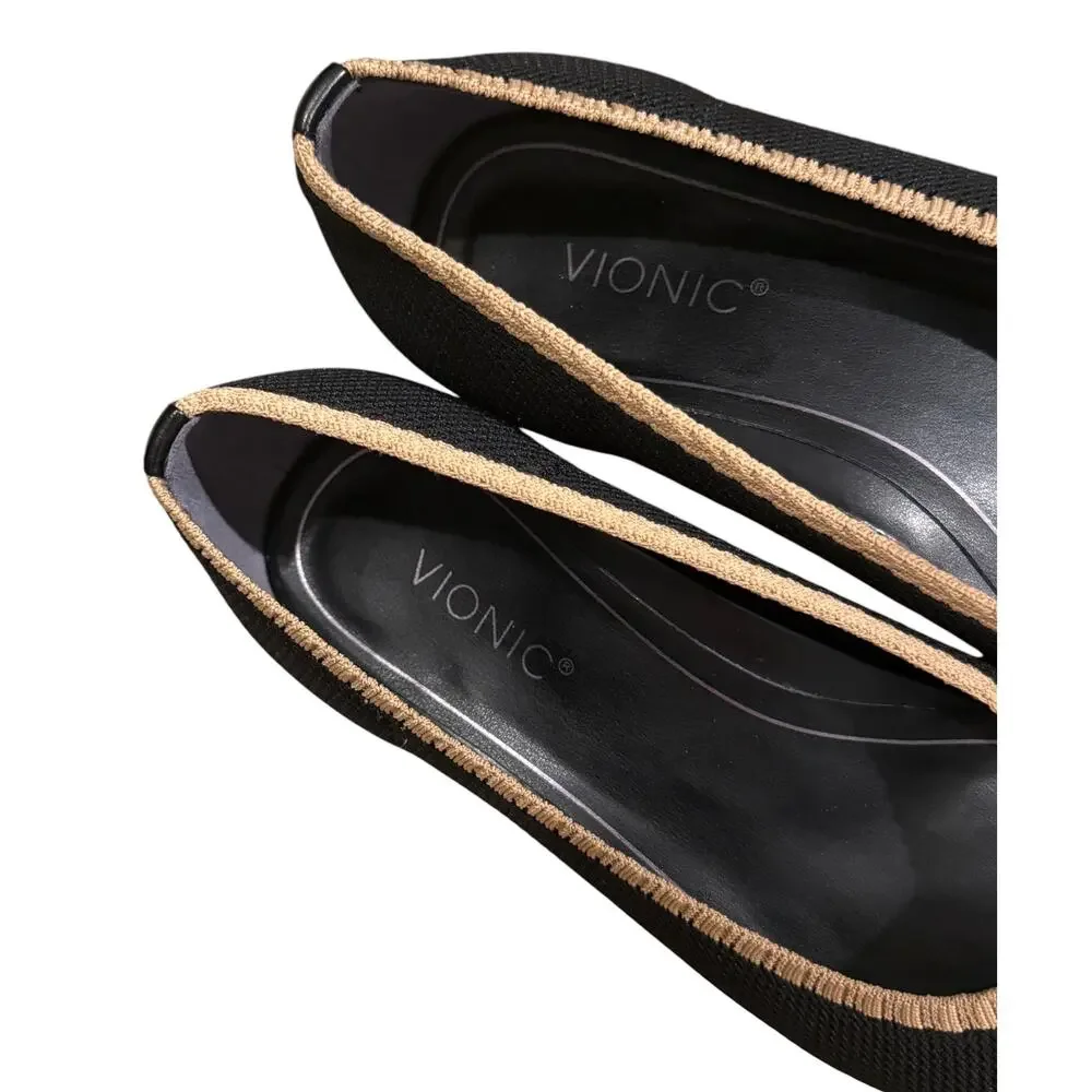 Vionic Dahlia Flats Black & Tan NEW Women’s 7.5 Slip-on Ballet Pointed Toe